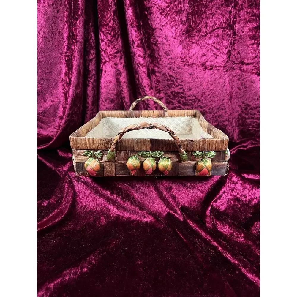 Vintage Raffia Serving Casserole Basket - Handwoven Fruit Basket Centerpiece